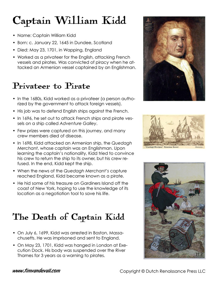 Captain William Kidd Facts for Kids - Tim's Printables
