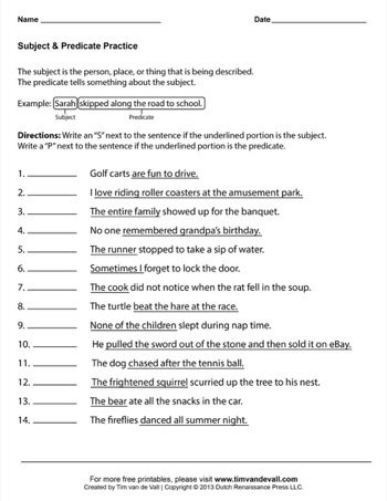 Subject and Predicate Worksheet - Tim's Printables
